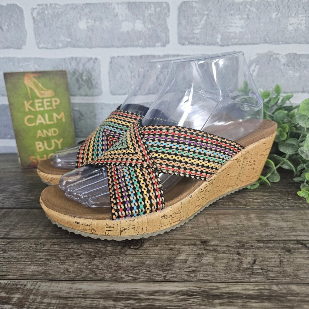 Skechers Luxe Foam Wedge Sandals Womens 8 Multi Color Woven Comfort 38554
